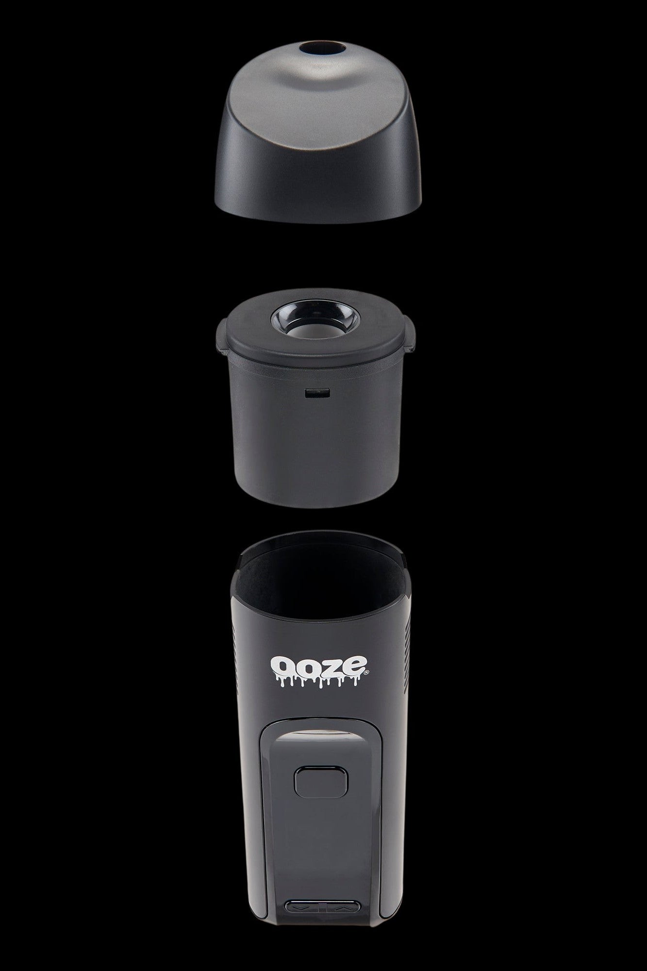 Black Ooze vaporizer pen disassembled into three parts, showcasing the mouthpiece, central chamber, and battery base with branding.