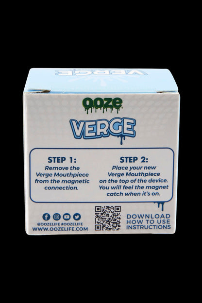 Close-up of the packaging for an Ooze Verge magnetic mouthpiece, displaying step-by-step instructions and a QR code for accessing further guidance.