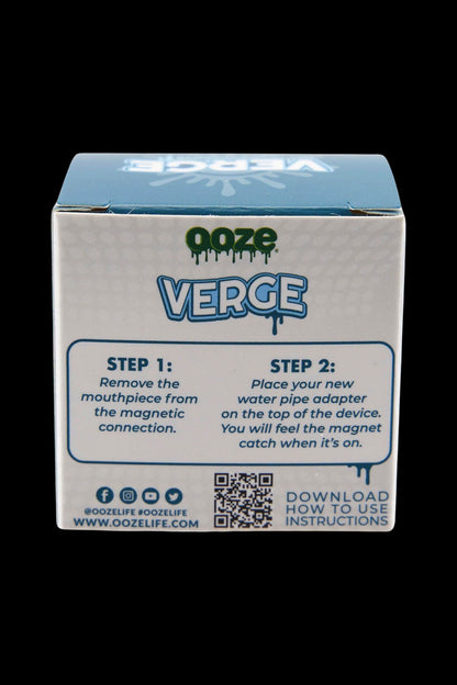 Packaging for the Ooze Verge cannabis water pipe adapter with step-by-step instructions and a QR code for more details.