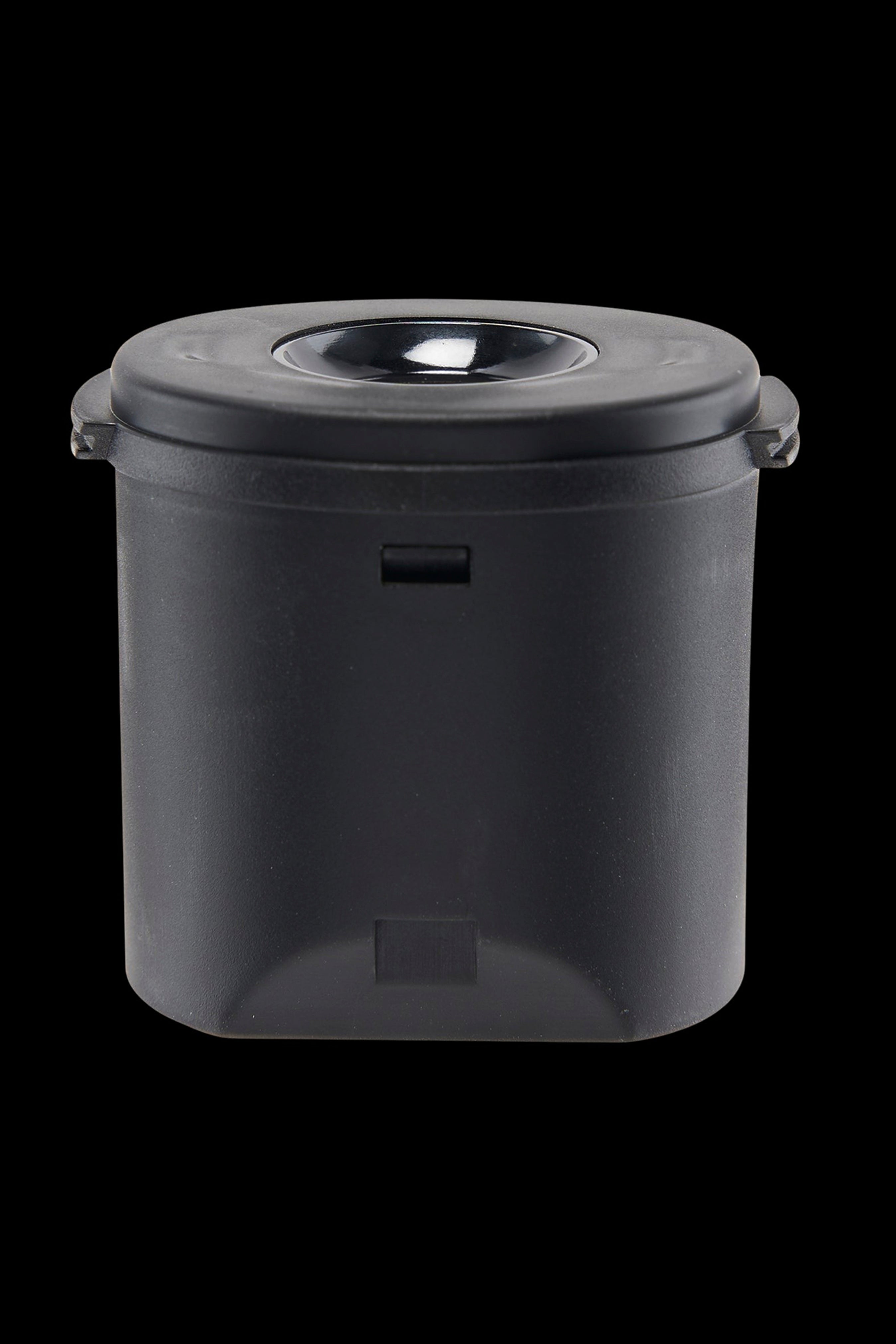 Black cannabis storage container with airtight seal.