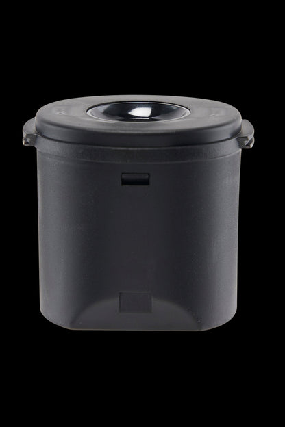 Black cannabis storage container with airtight seal.