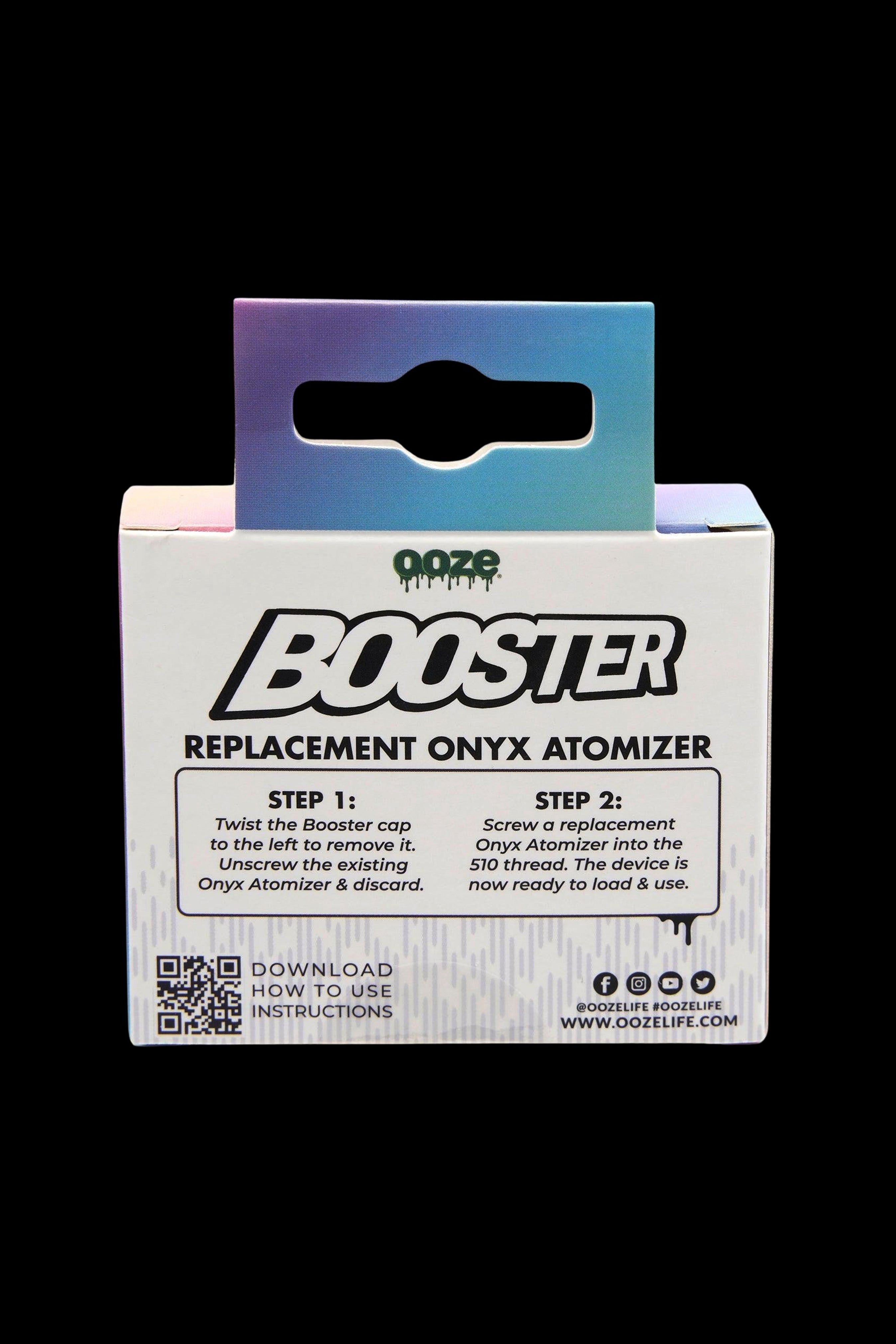 Packaging for “Ooze Booster” replacement onyx atomizer with instructions for removal and installation, including a QR code and social media handles.