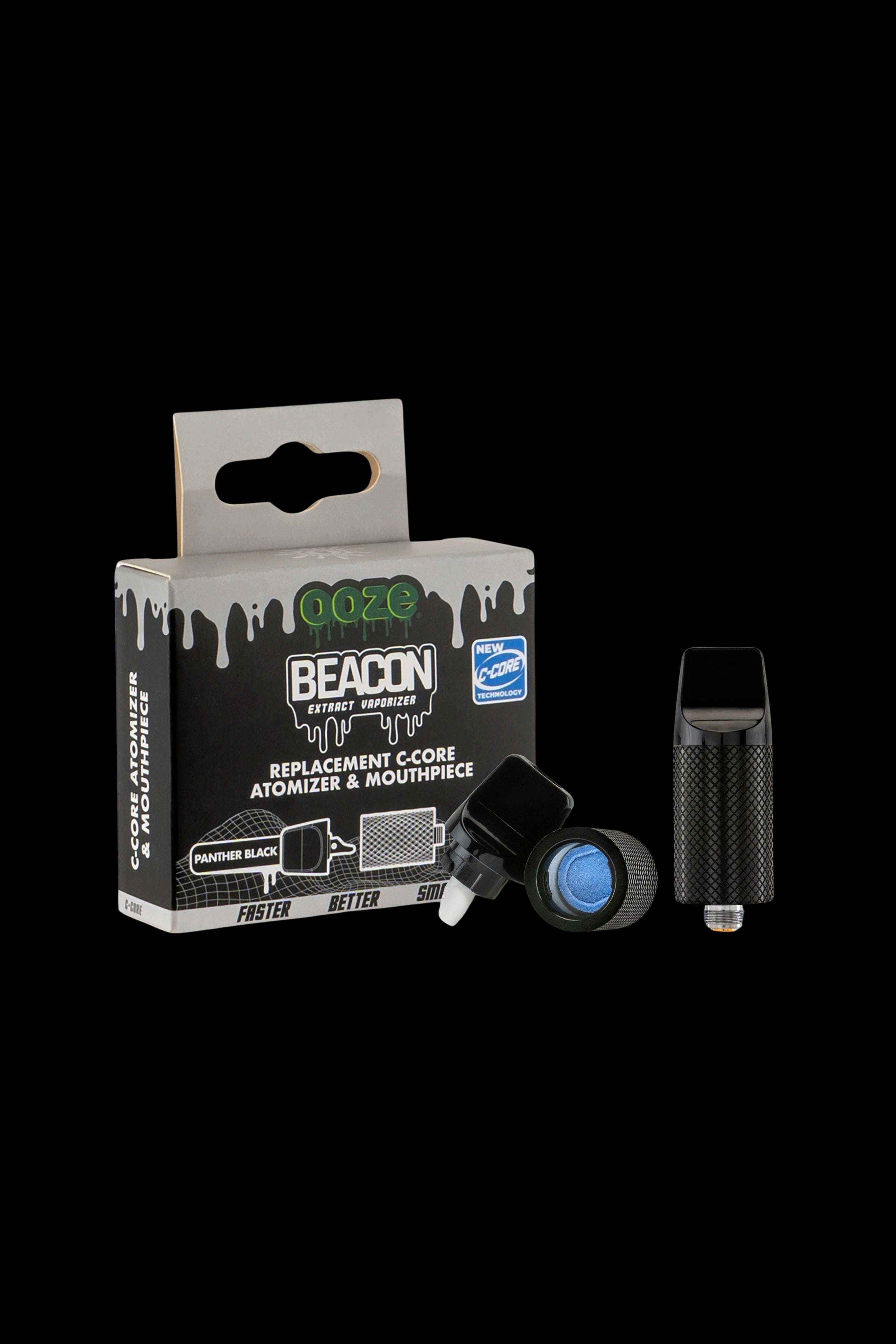 Packaging for a Goze Beacon C-Core replacement atomizer and mouthpiece for cannabis extract vaporizers, shown with the device itself.