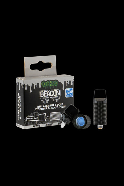 Packaging for a Goze Beacon C-Core replacement atomizer and mouthpiece for cannabis extract vaporizers, shown with the device itself.