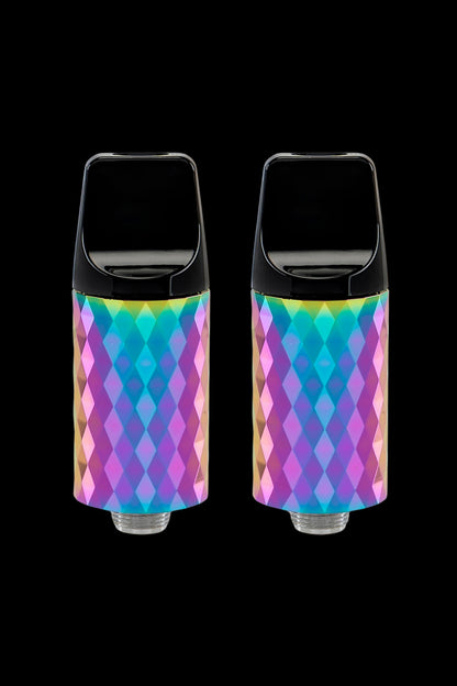 Two iridescent cannabis oil cartridges against a black background.