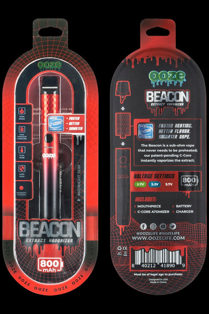 Packaging for the OOZE Beacon extract vaporizer, featuring a sleek, black and red device with product details and voltage settings.