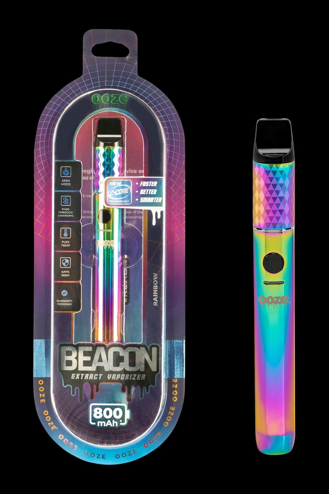 Ooze Beacon 800mAh extract vaporizer in rainbow iridescent finish, displayed with packaging showing features and branding.