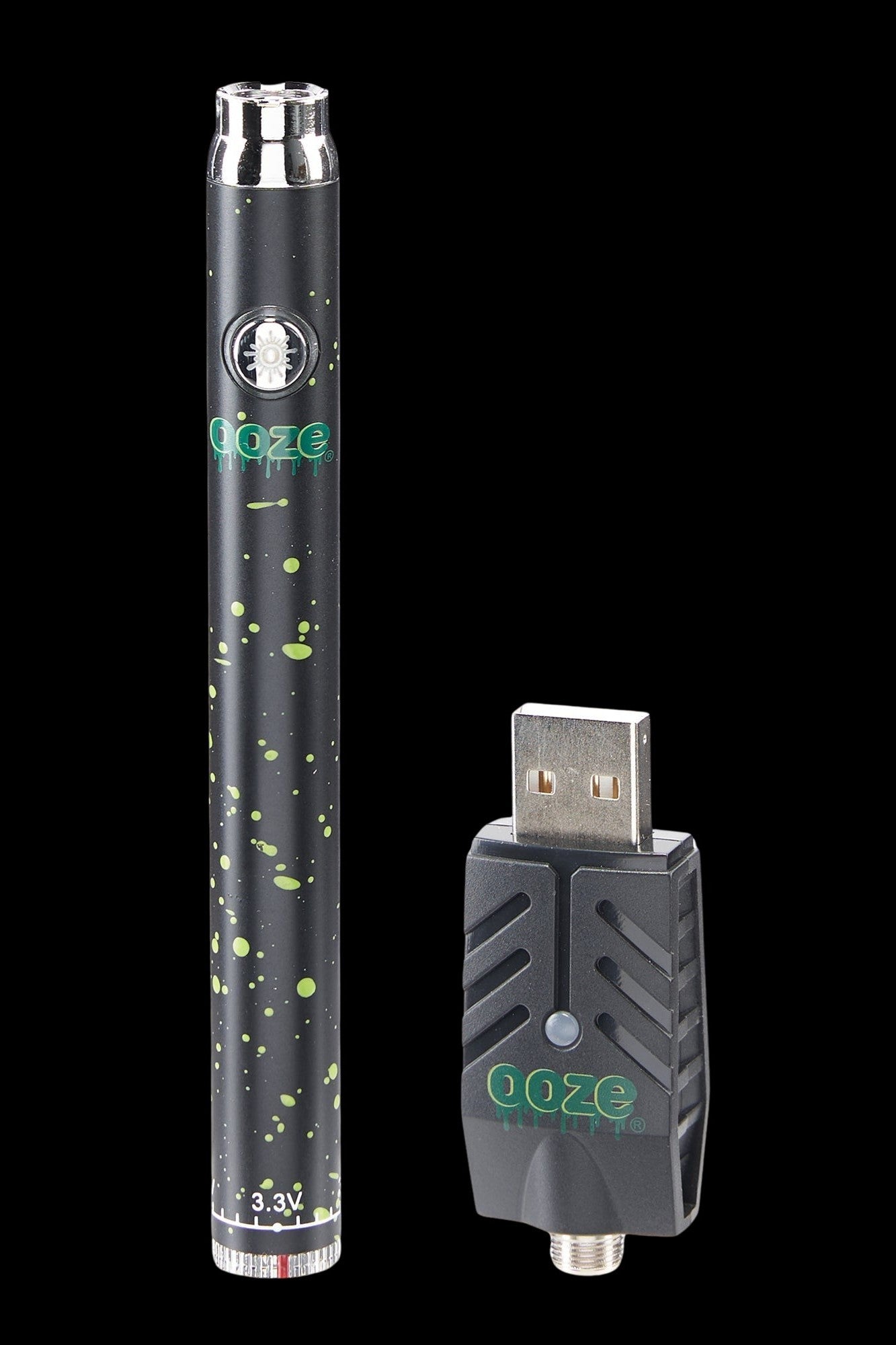 Green and black cannabis vape pen with a USB charger.