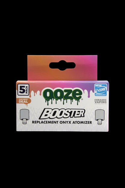Packaging for “Ooze Booster” replacement onyx atomizers, a 5-pack for ceramic vaping.