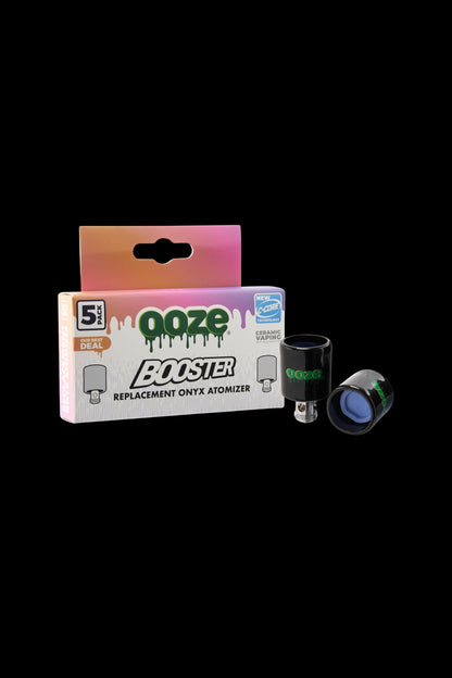 Pack of five Ooze Booster replacement onyx atomizers for cannabis vaping, displayed with packaging.