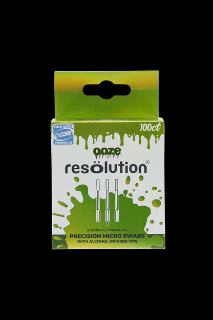 Top-front view of the Ooze Resolution Alcohol Micro Swabs – 100ct box with green drip graphics on a black background