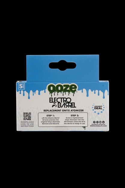Packaging for Ooze Electro Barrel replacement Onyx atomizer, with step-by-step instructions and QR code. 