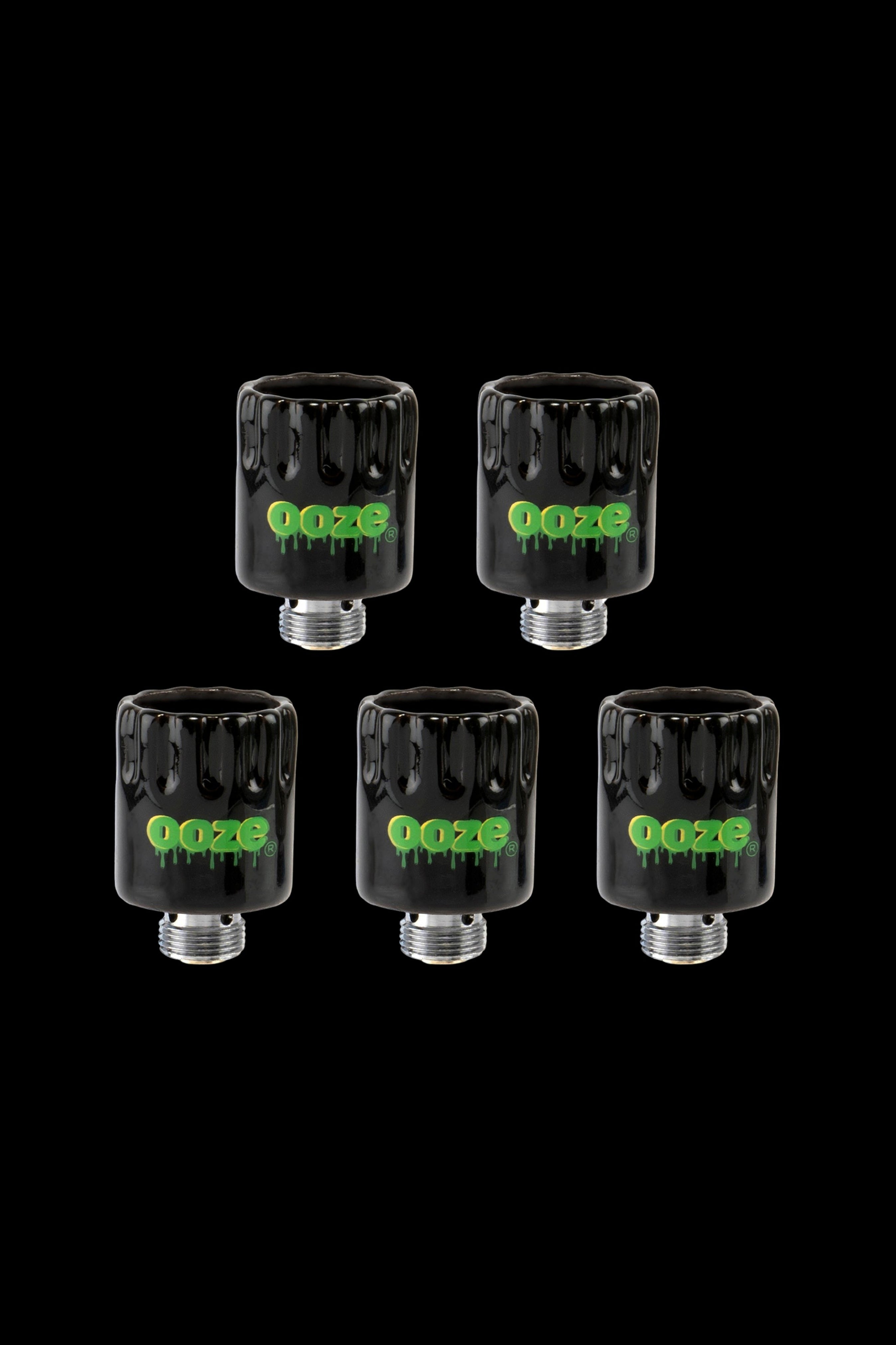 Five black glass dab rigs with green “Ooze” branding against a black background.