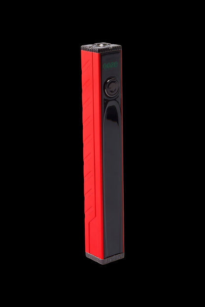 Red and black electronic vaporizer pen with a digital display.