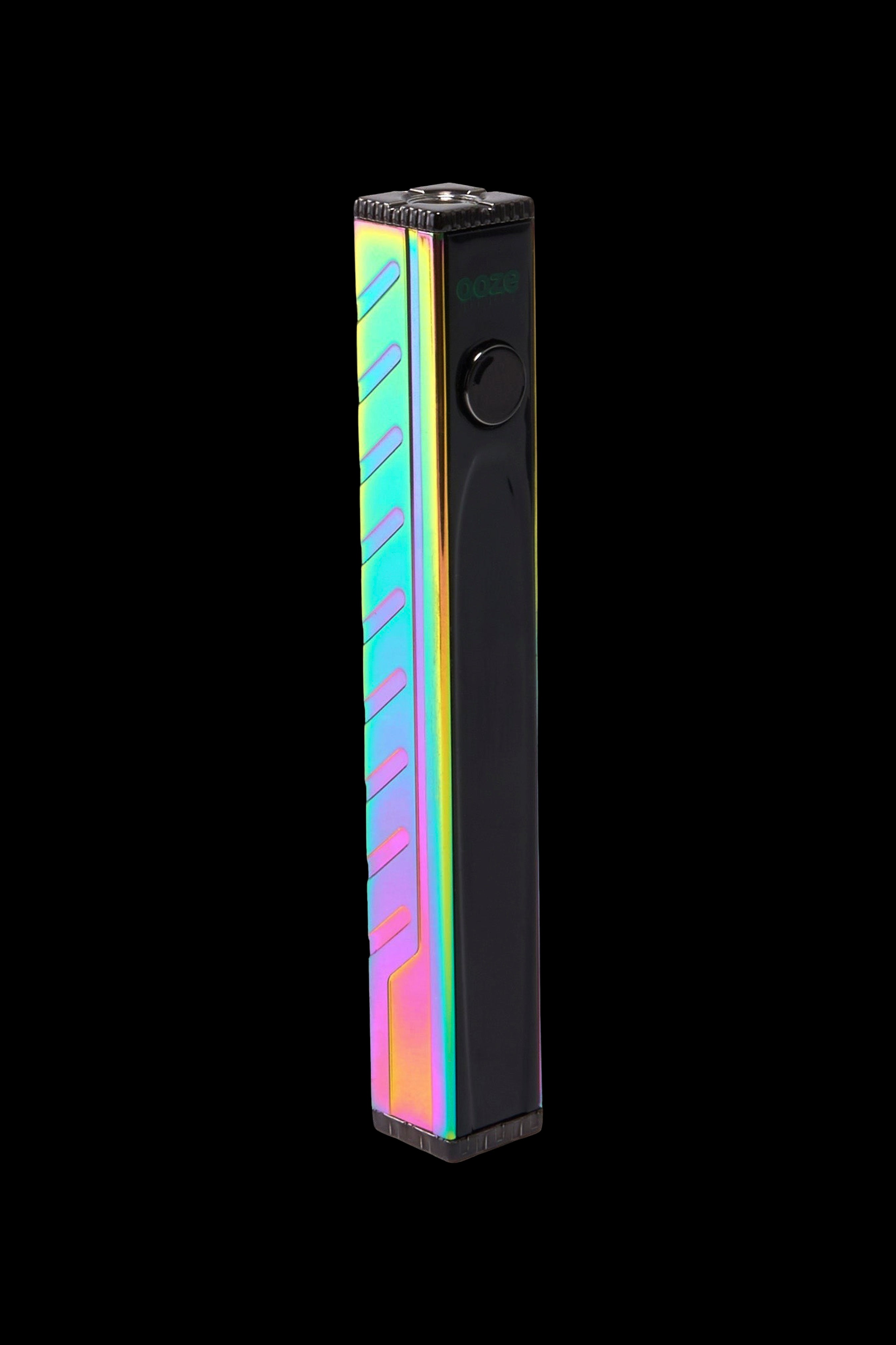 Iridescent cannabis vape pen against a black background.