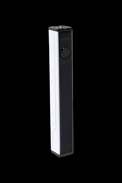 Sleek black and white cannabis vaporizer pen with a digital display.