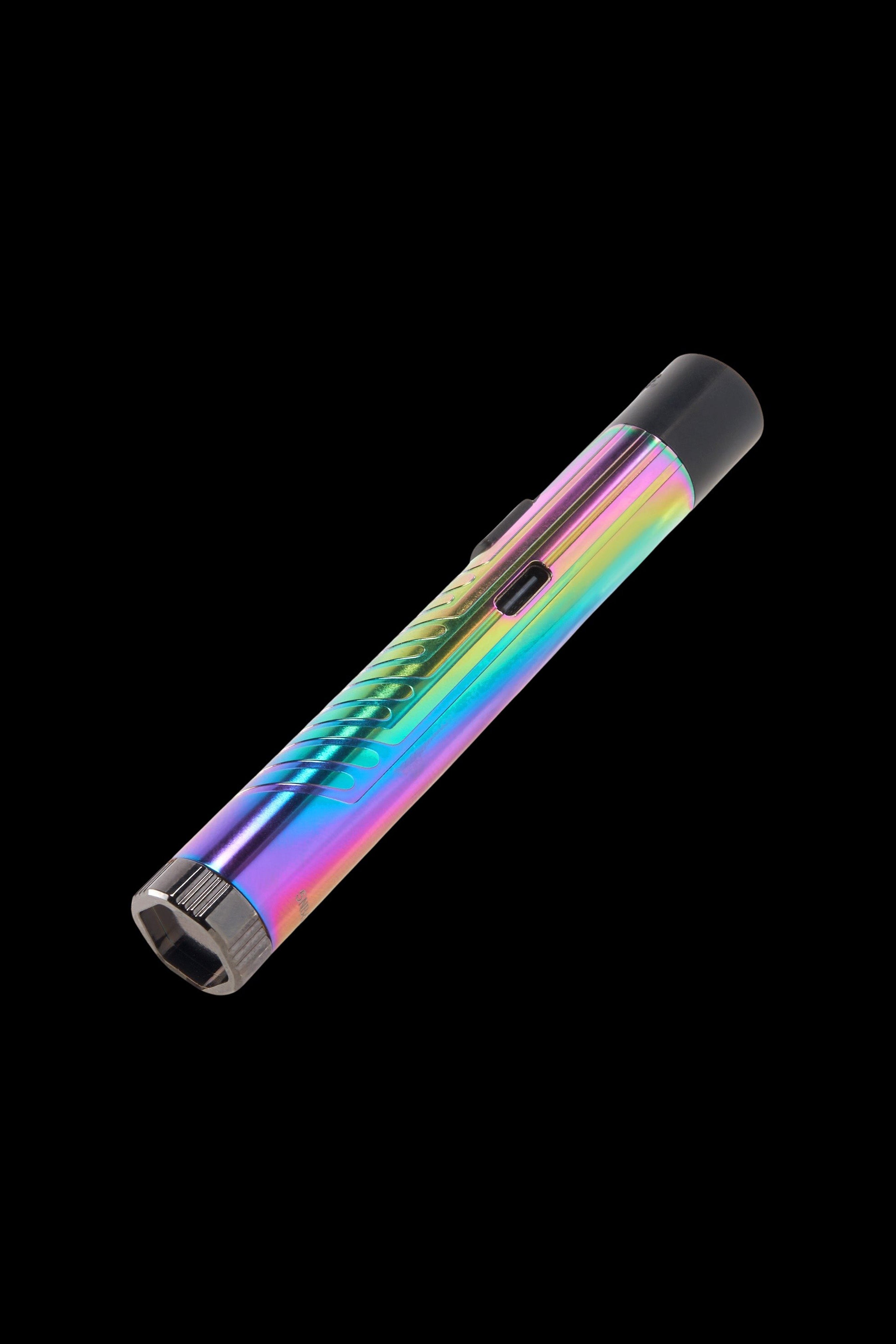 Iridescent cannabis vape pen on a black background.