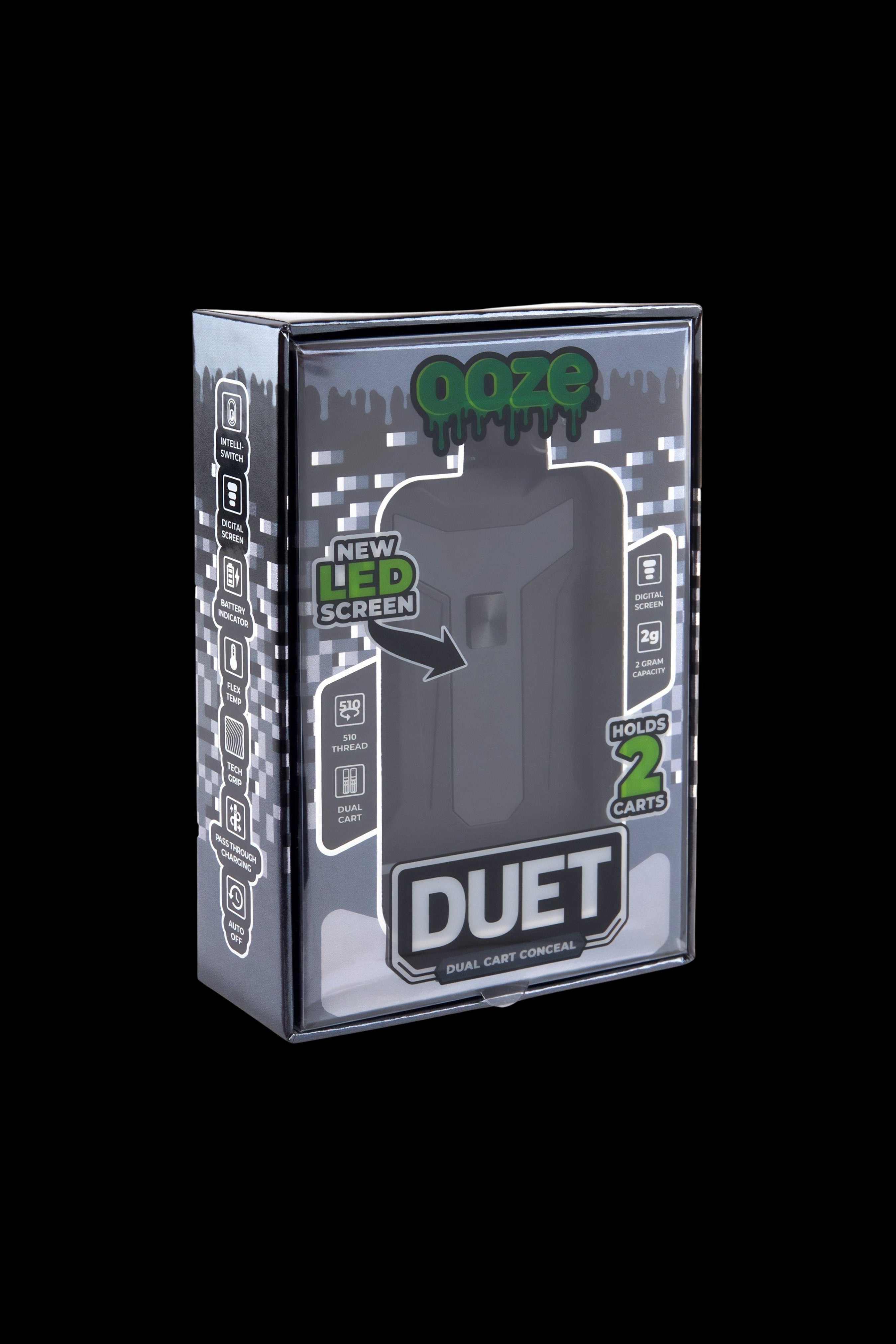 Three-quarter front view of the boxed Ooze Duet 510 Dual Conceal Cart Battery against a black background.