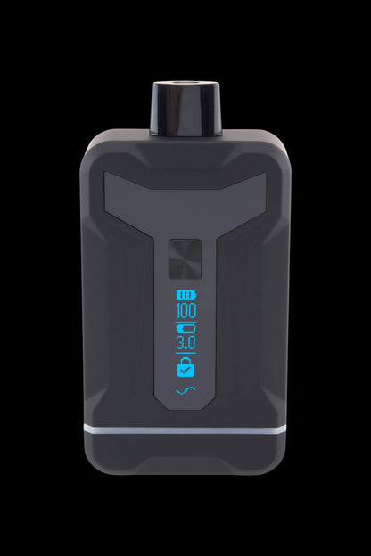 Close-up front view of the black Ooze Duet 510 Dual Conceal Cart Battery showing its glossy top pod and blue illuminated status icons on a black background