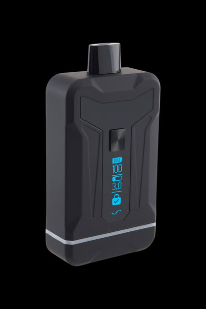Angled close-up of the Blue Ooze Duet 510 Dual Conceal Cart Battery showing its top mouthpiece, textured power button, and glowing blue LED display against a black background