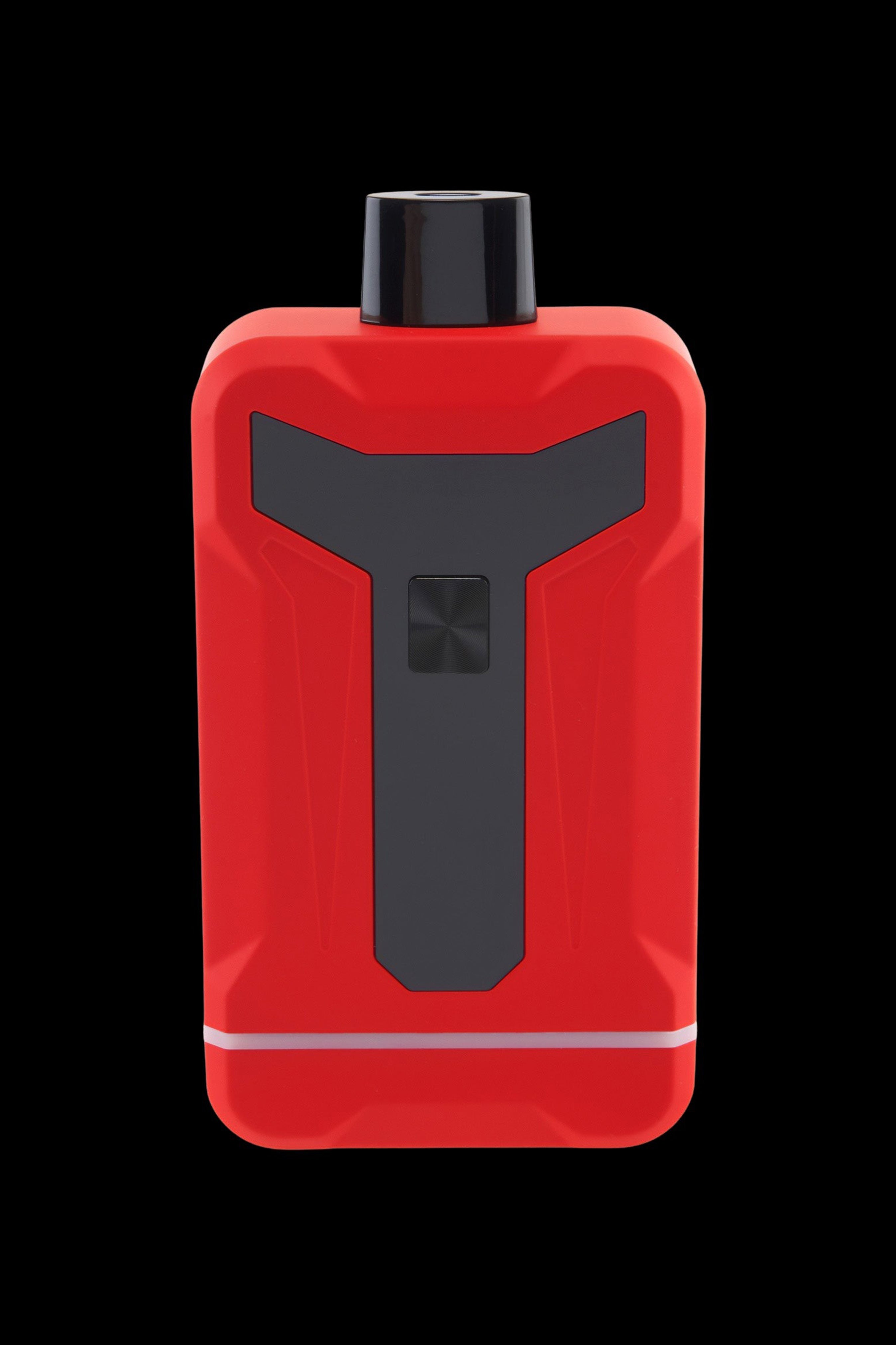 Close-up front view of the red Ooze Duet 510 Dual Conceal Cart Battery against a black background, showing its black top and center panel.