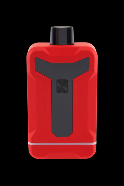 Close-up front view of the red Ooze Duet 510 Dual Conceal Cart Battery against a black background, showing its black top and center panel.