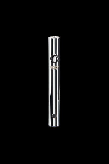 Sleek silver cannabis vape pen against a black background.