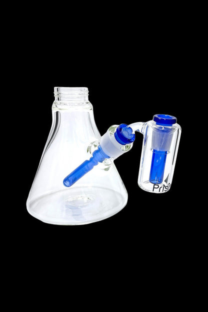 Clear glass water pipe with a blue glass downstem and separate percolator chamber.