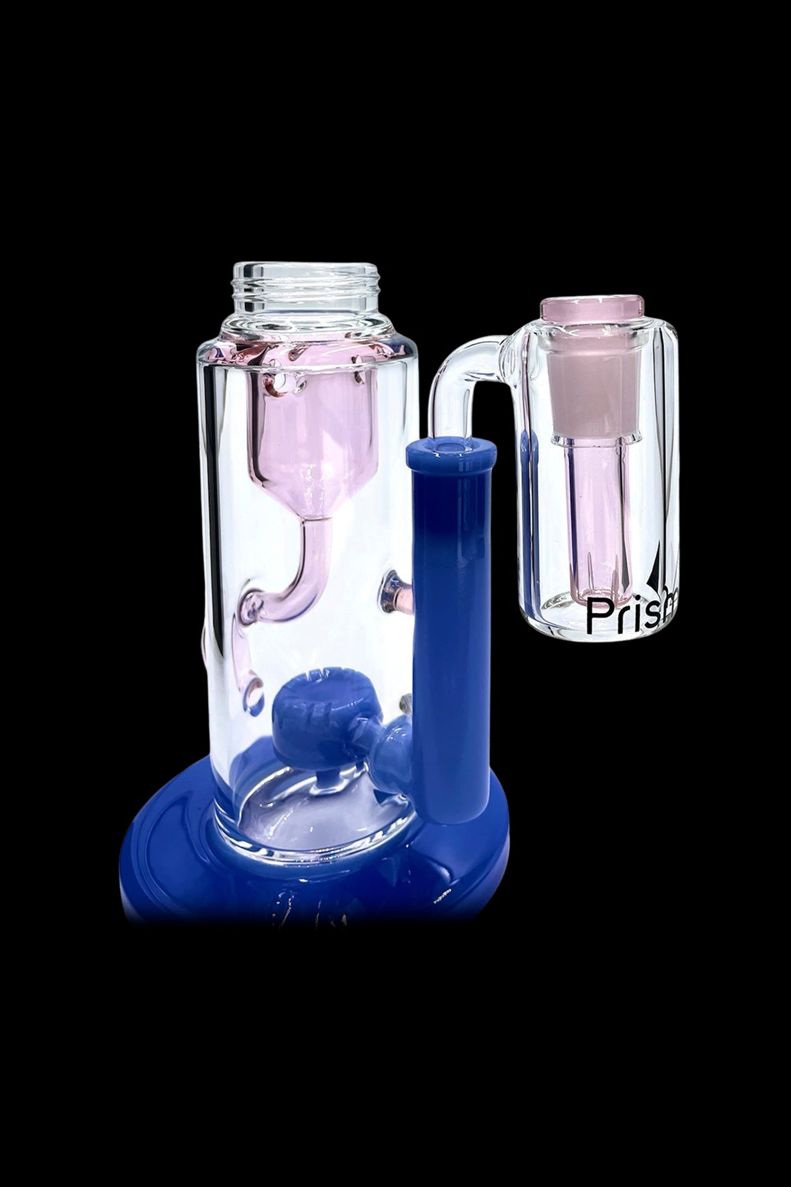 Blue and clear glass water pipe (rig) with pink accents, isolated on a black background.