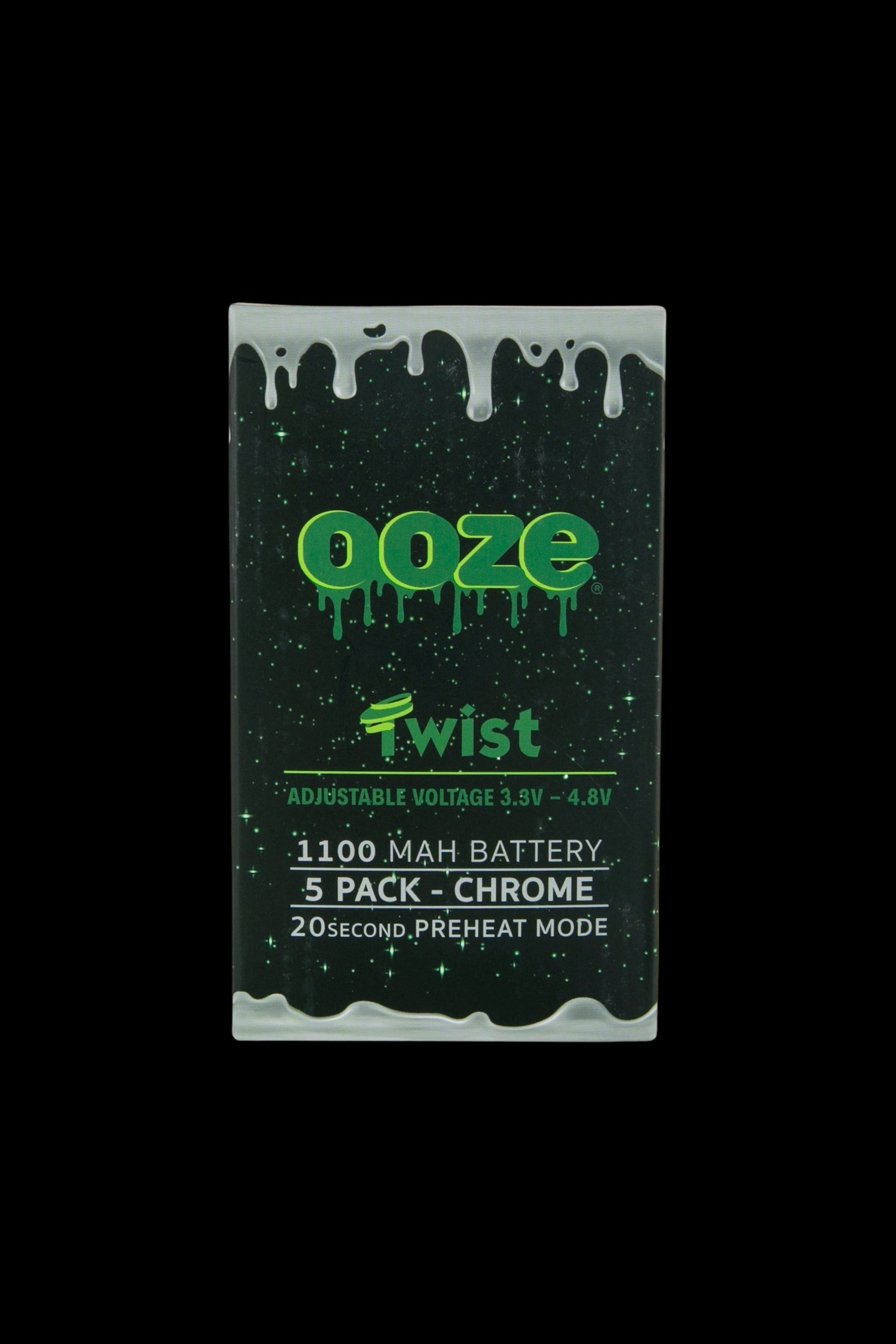 Ooze Twist vape battery packaging featuring green dripping effects, chrome finish details, adjustable voltage, and 20-second preheat mode.