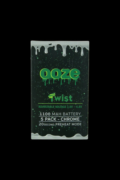 Ooze Twist vape battery packaging featuring green dripping effects, chrome finish details, adjustable voltage, and 20-second preheat mode.