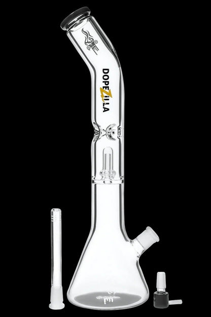 Angled studio shot of the clear Dopezilla Titans Promethus Bong against a black background, showing its beaker base and removable downstem.