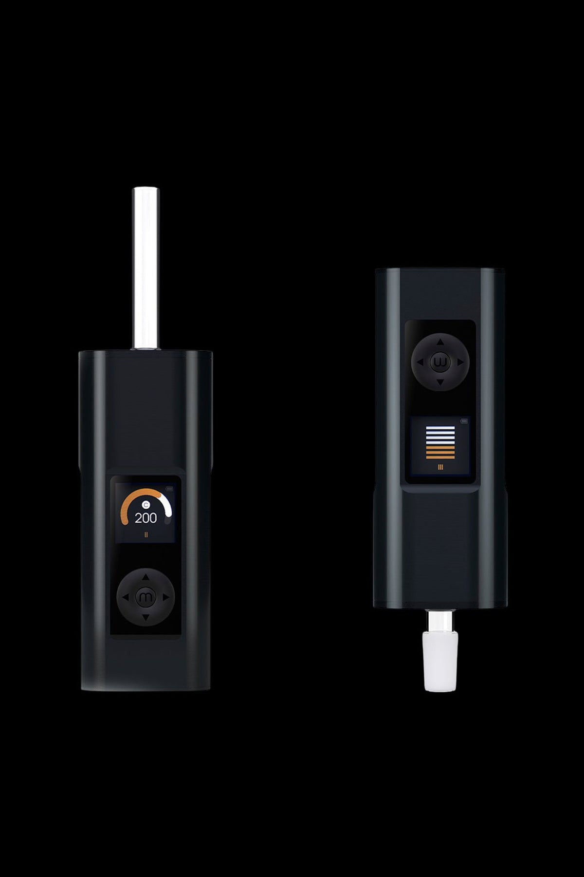 Portable cannabis vaporizer device with digital display, shown from two angles on a black background.