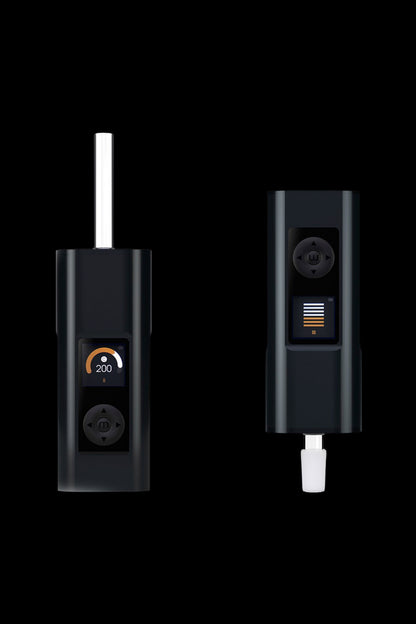 Portable cannabis vaporizer device with digital display, shown from two angles on a black background.