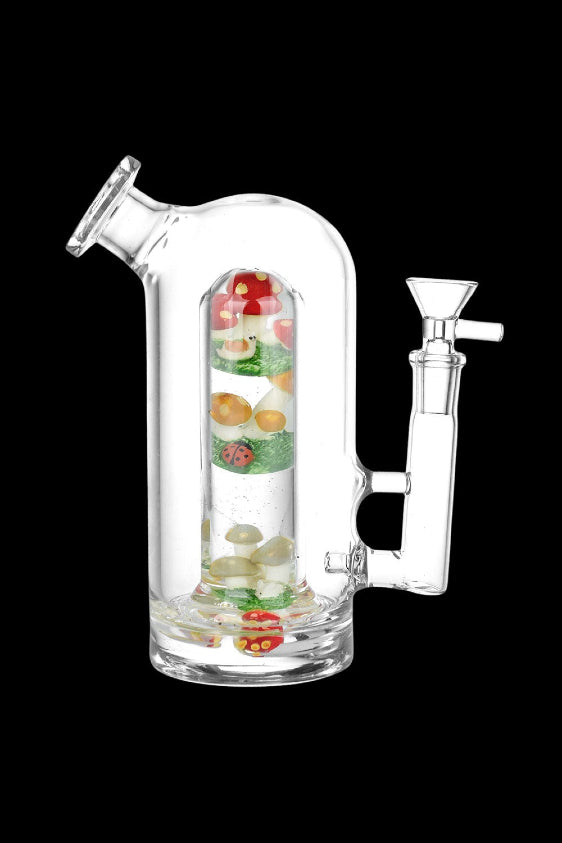 Glass bubbler water pipe filled with colorful mushroom-shaped confetti.