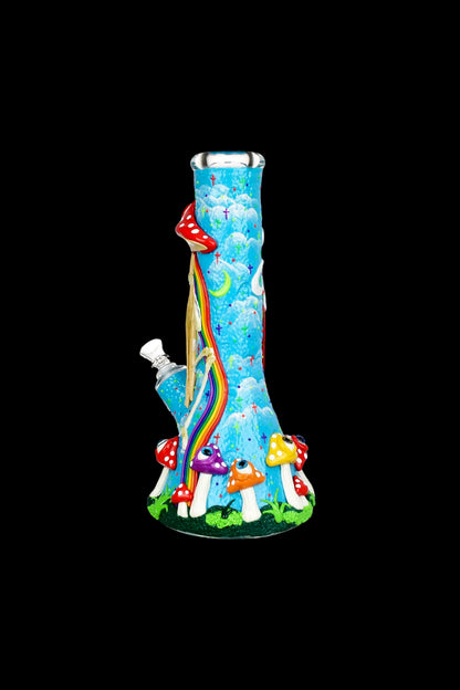 A vibrant glass bong decorated with colorful mushrooms and a rainbow against a black background.