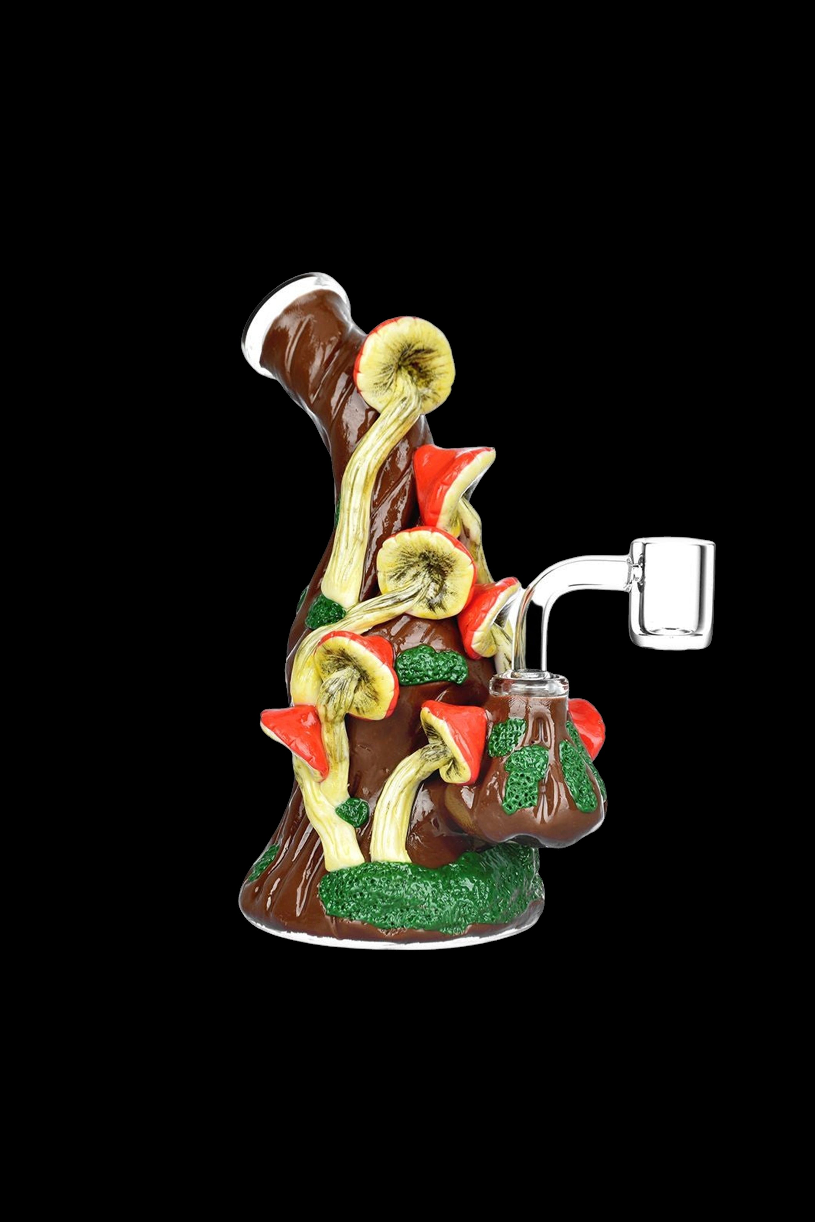 Hand-blown glass dab rig shaped like a whimsical mushroom forest with a quartz banger.