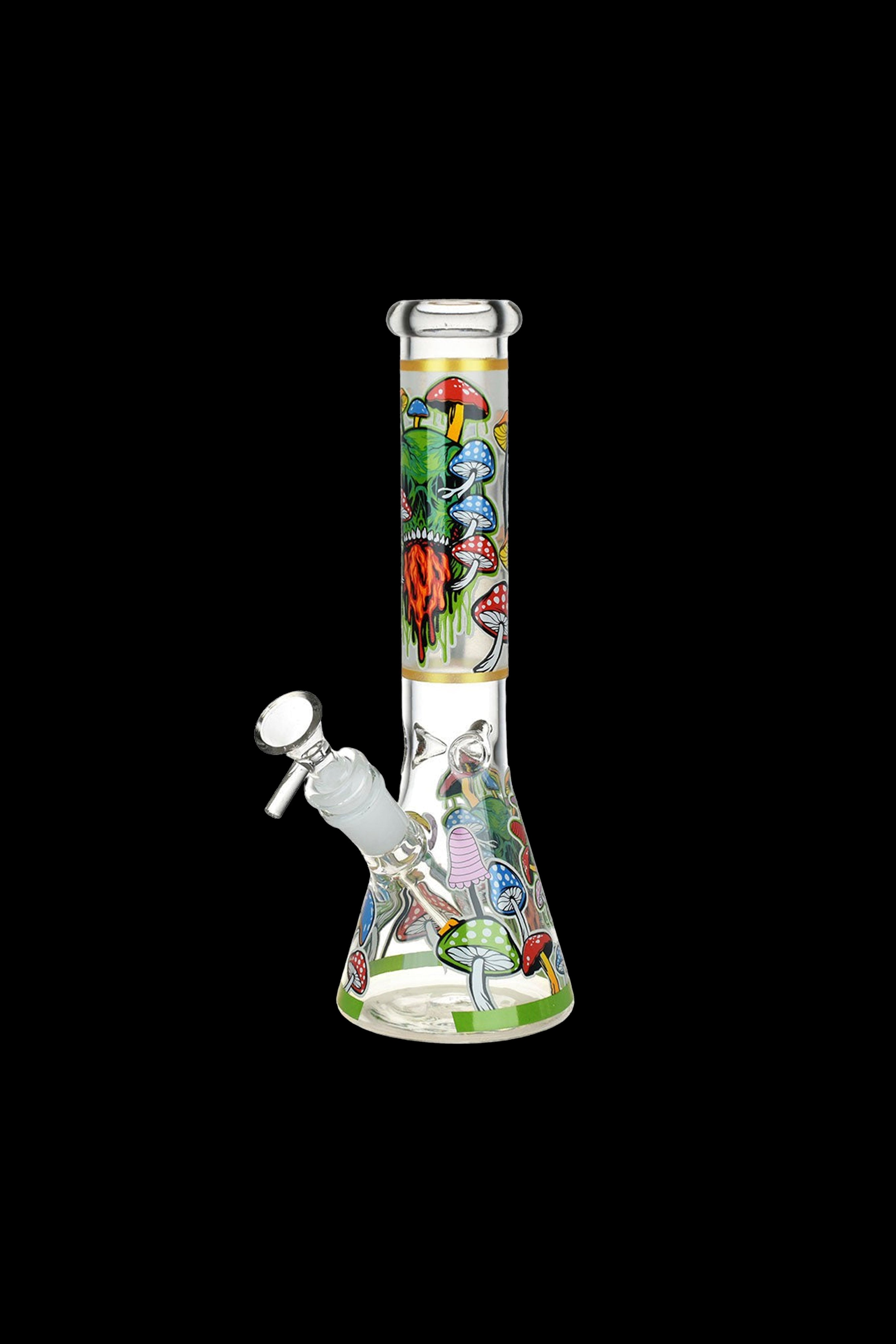 A glass bong decorated with colorful mushroom illustrations against a black background.