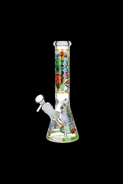 A glass bong decorated with colorful mushroom illustrations against a black background.