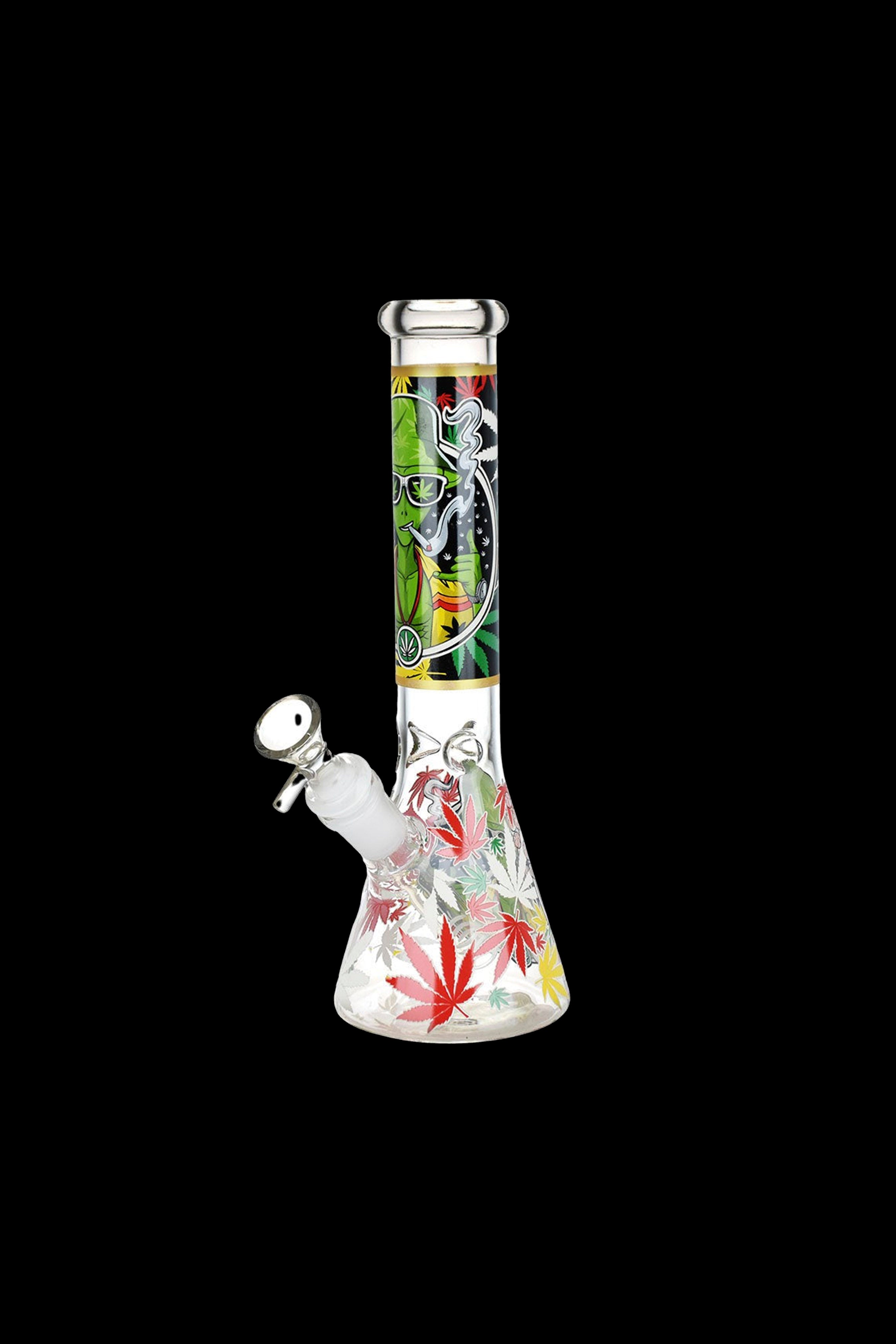 Colorful glass bong with cannabis leaf designs on a black background.