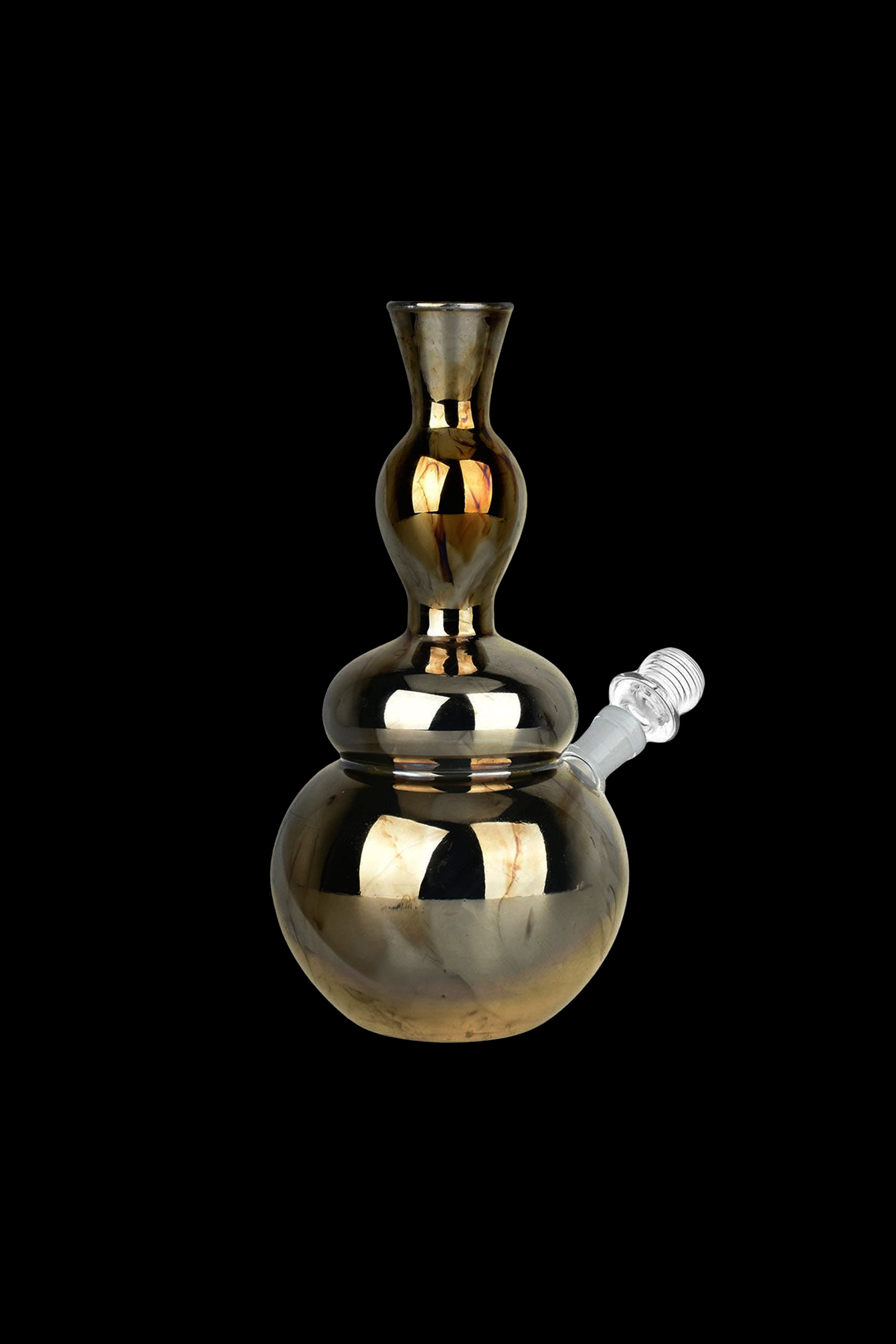 Polished glass water pipe with rounded bulb and flared mouthpiece, isolated on black.