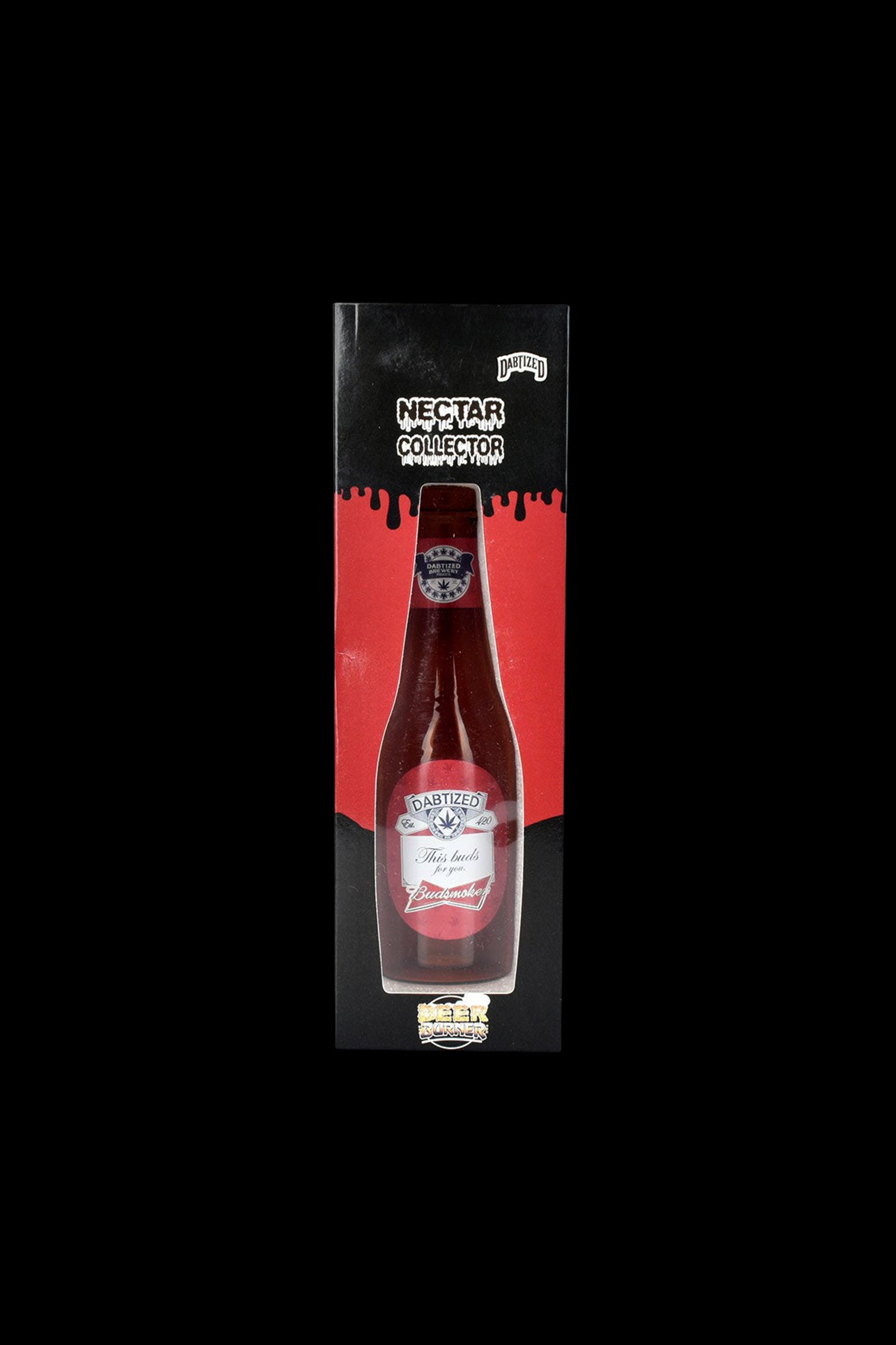 A red, ketchup-bottle-shaped dab rig called “Dabtized Nectar Collector” in a clear plastic case.