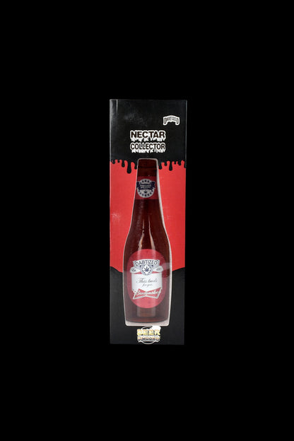 A red, ketchup-bottle-shaped dab rig called “Dabtized Nectar Collector” in a clear plastic case.