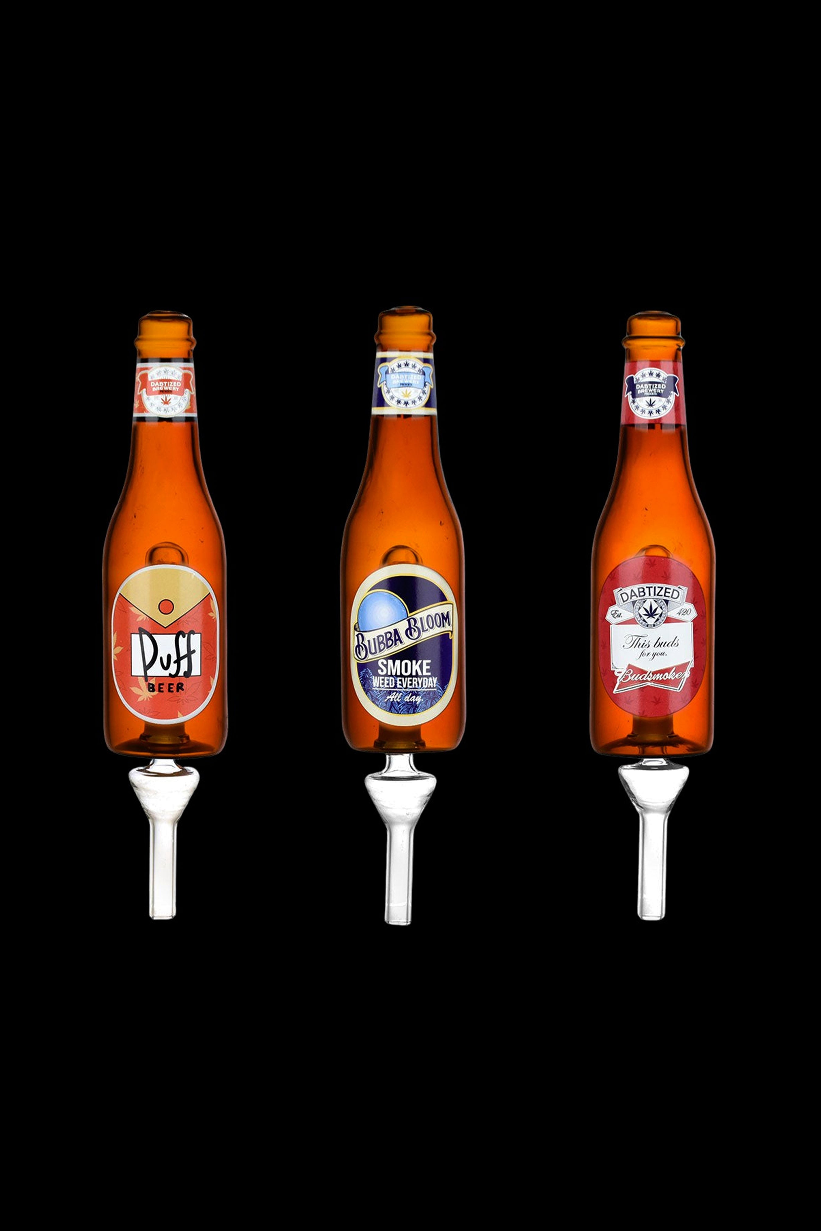 Three beer bottles reimagined as cannabis accessories, each with a unique label parodying popular beer brands and paired with a glass pipe mouthpiece.