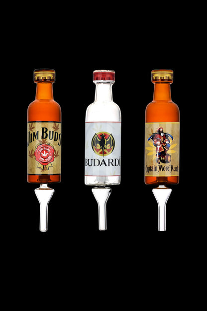 Three miniature alcohol bottle-shaped glass bubblers with cannabis-themed labels – “Jim Buds”, “Budardi”, and “Captain More Kush” – against a black background.