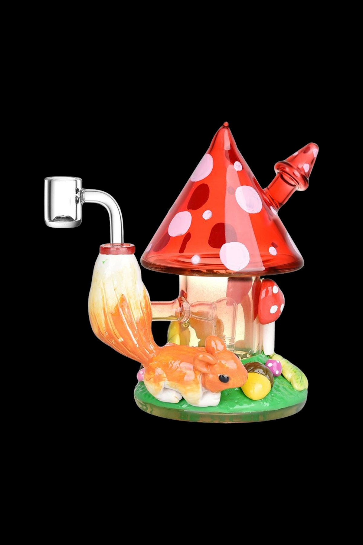 Glass dab rig shaped like a whimsical mushroom cottage with a lounging fox figure.