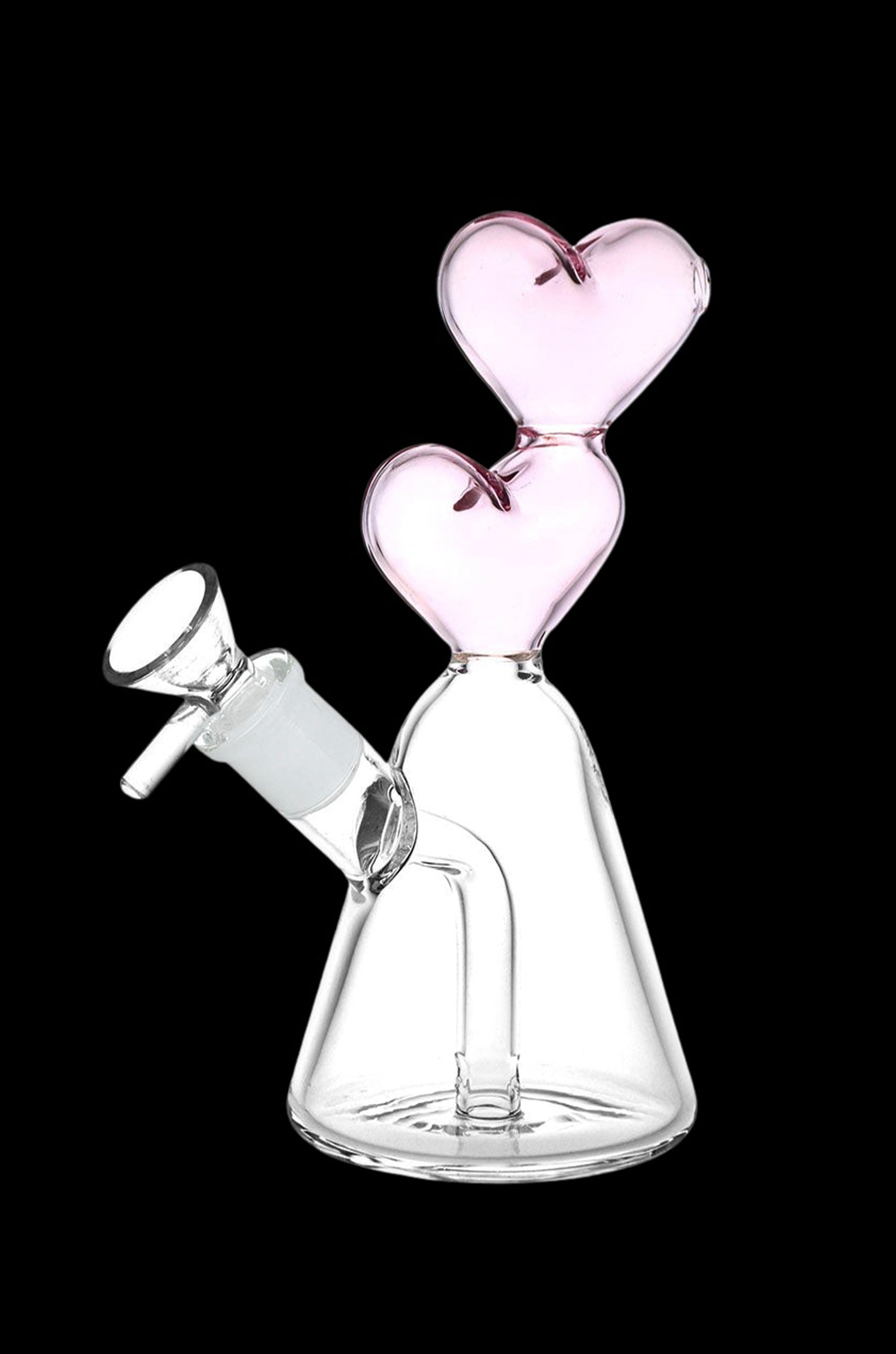 Pink glass water pipe with heart-shaped bubbles and a glass bowl.