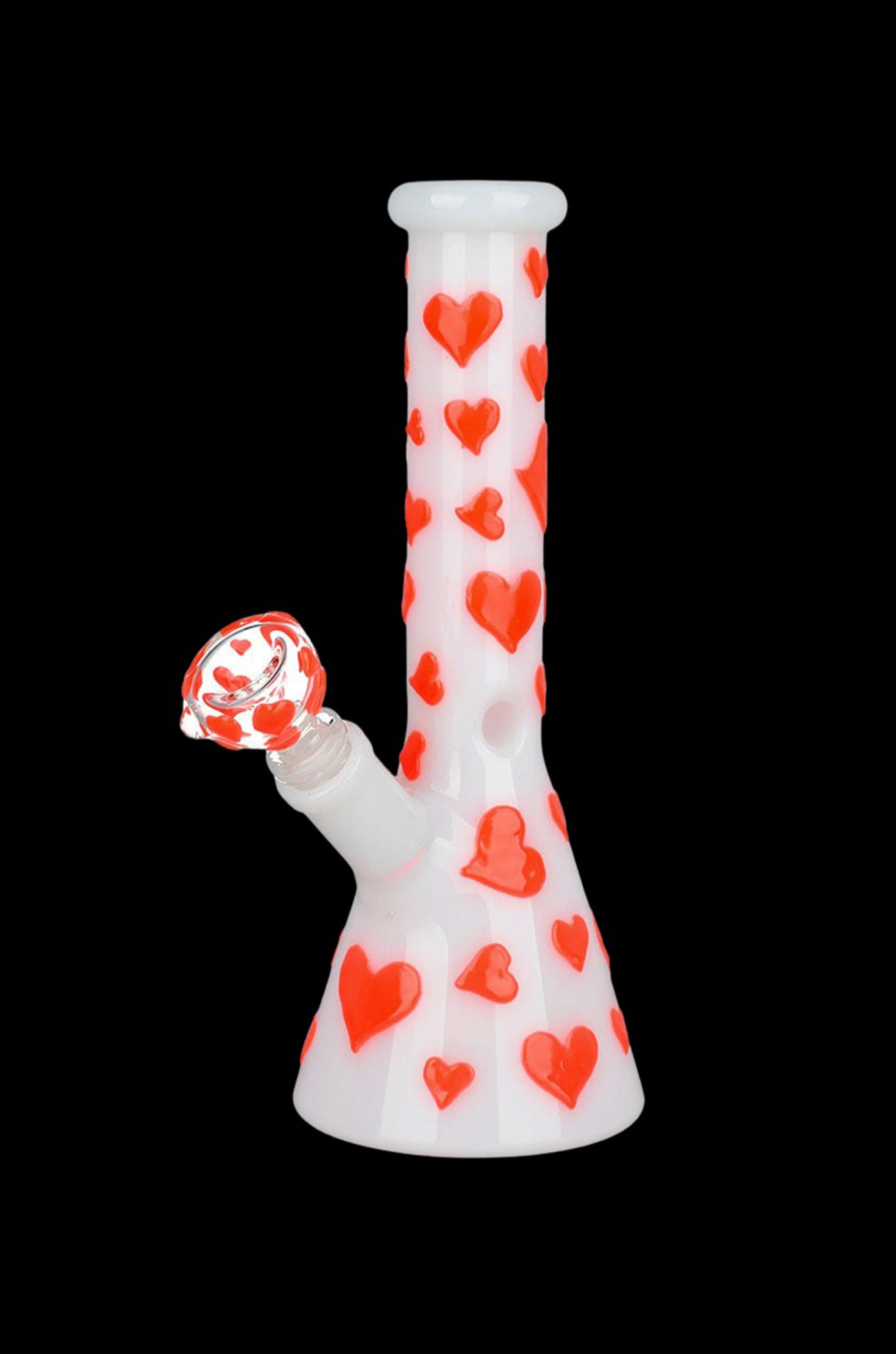 White glass bong decorated with red hearts, featuring a colorful mouthpiece.