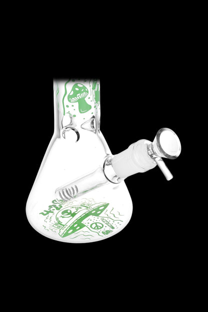 Glass bong with psychedelic mushroom and peace sign design.