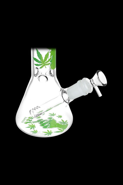Glass bong with cannabis leaf design.